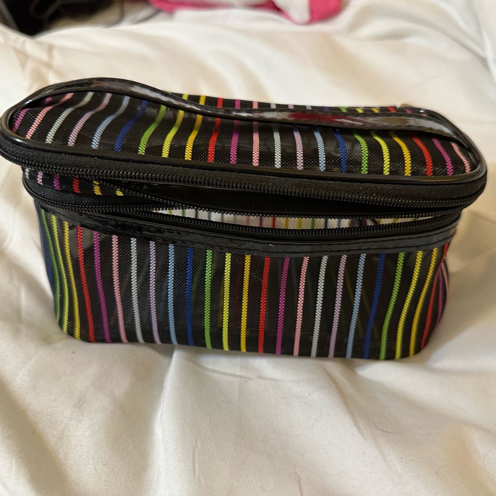 Cosmetic Bag - double decker - translucent stripes - very roomy - EUC